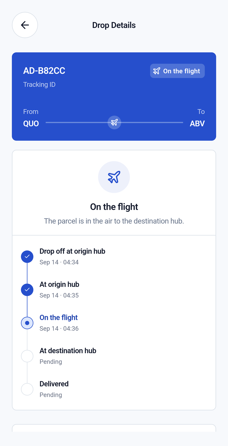 Aerodrop app: book a delivery, follow the flight from QUO to ABV, and confirm handoff with QR or PIN